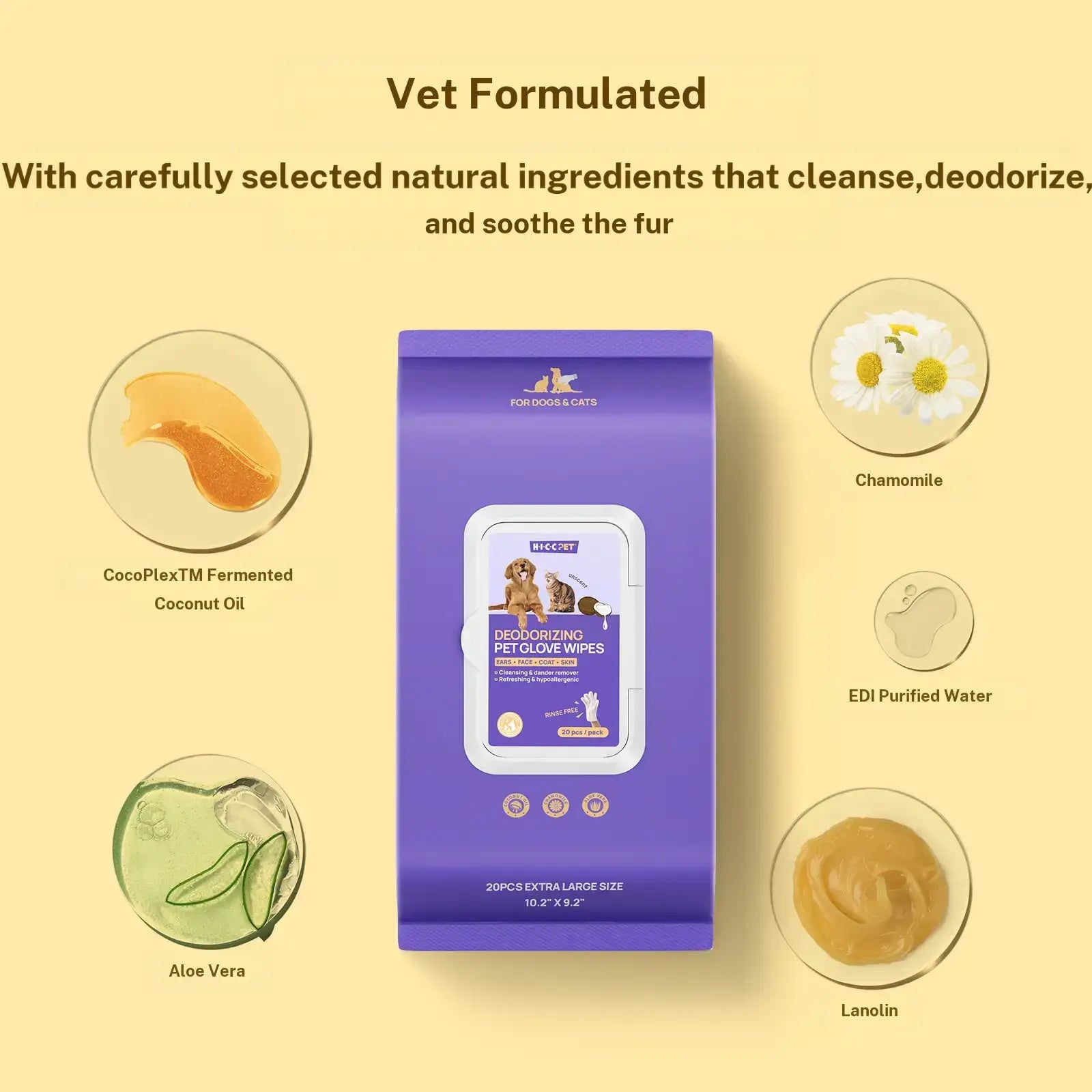 HICC PET Natural Hypoallergenic Disposable Dog Grooming Wipes (20 Count) - No-Rinse Formula with Fermented Oils for Hair Removal, Deodorizing, Skin Moisture, and Paw Care, Ideal for Outdoor Use