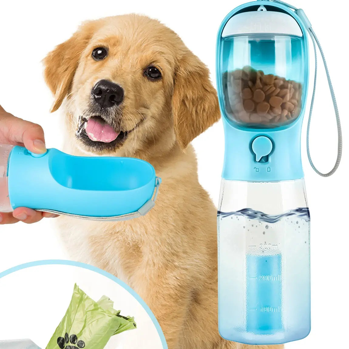 3-in-1 Portable Pet Water Bottle - 20 oz Leak-Proof Container with Integrated Poop Bag Dispenser for Travel, Hiking, and Outdoor Activities
