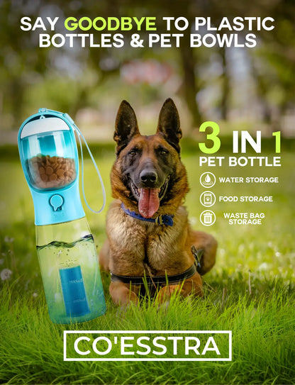 3-in-1 Portable Pet Water Bottle - 20 oz Leak-Proof Container with Integrated Poop Bag Dispenser for Travel, Hiking, and Outdoor Activities