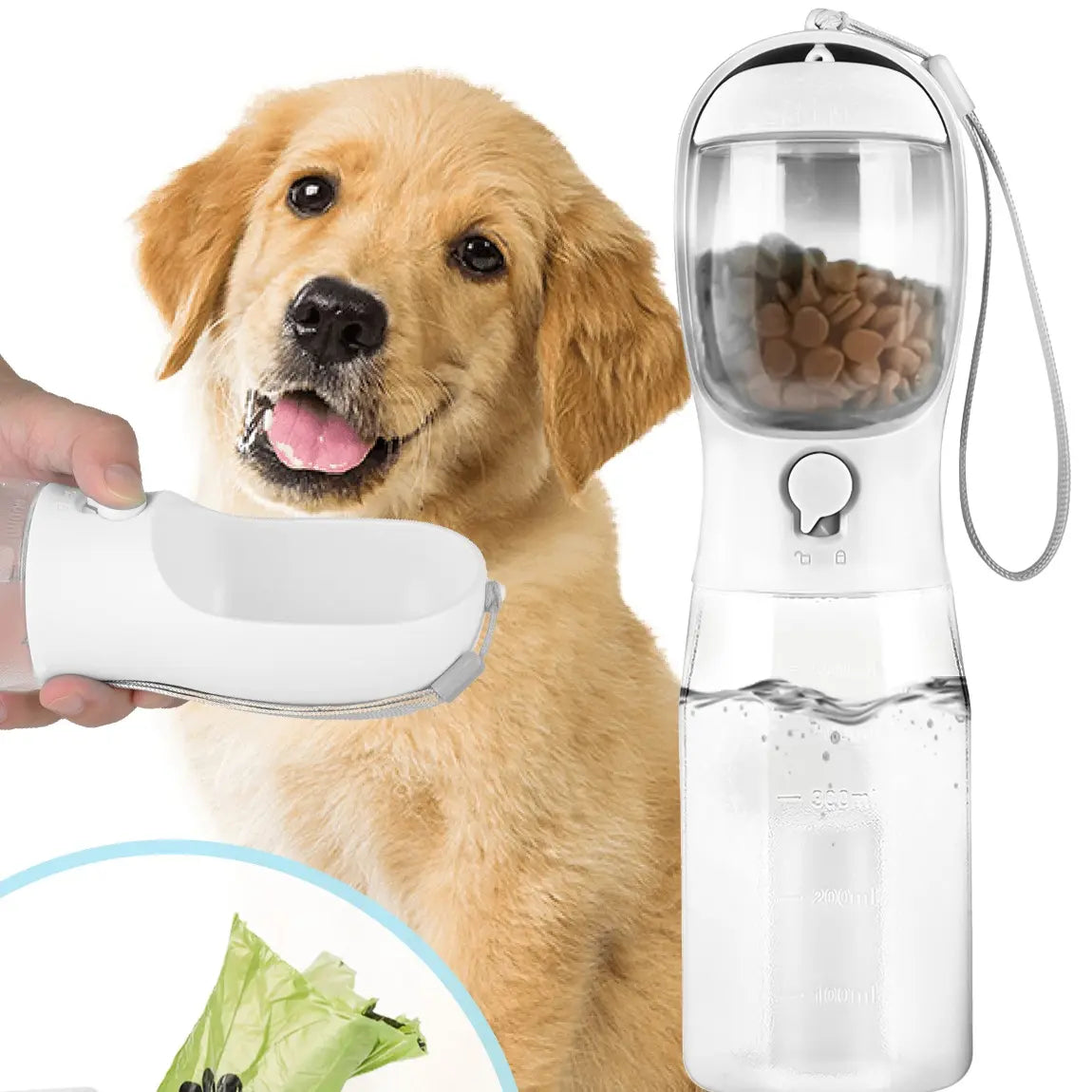 3-in-1 Portable Pet Water Bottle - 20 oz Leak-Proof Container with Integrated Poop Bag Dispenser for Travel, Hiking, and Outdoor Activities