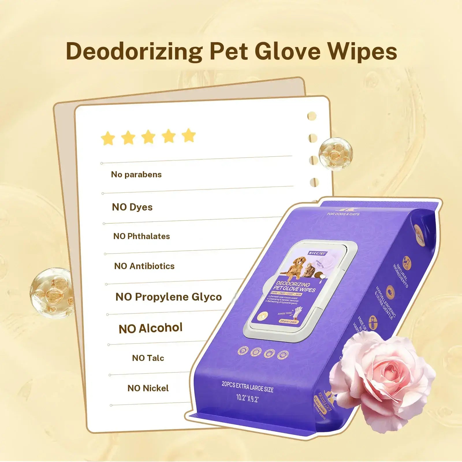 HICC PET Natural Hypoallergenic Disposable Dog Grooming Wipes (20 Count) - No-Rinse Formula with Fermented Oils for Hair Removal, Deodorizing, Skin Moisture, and Paw Care, Ideal for Outdoor Use