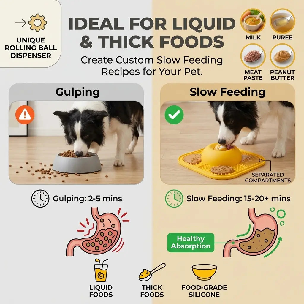 Enrichment Feeding Bowl with Licking Mat and Rolling Ball, Strong Suction Base for Bone Broth and Yogurt, Promotes Anxiety Relief and Mental Stimulation for Dogs